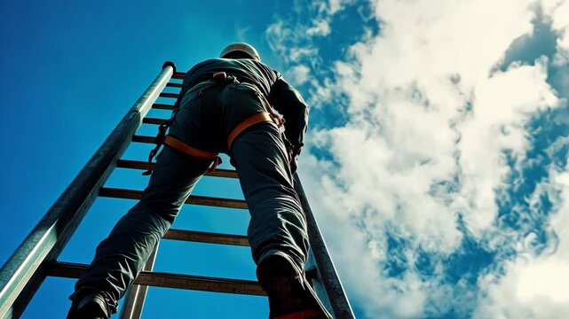 Climbing ladder against blue sky: human determination and success journey