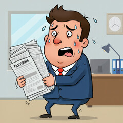 Cartoon of an anxious businessman holding a large pile of tax forms, looking stressed.