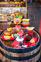 A variety of drinks with fruits and berries