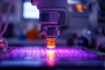 3D printer printing object with glowing purple filament