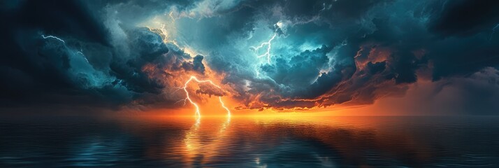 A stormy sky with a lightning bolt and a sunset in the background