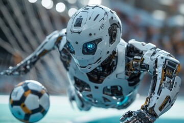 Fototapeta premium Futuristic humanoid robot playing soccer on a modern stadium field