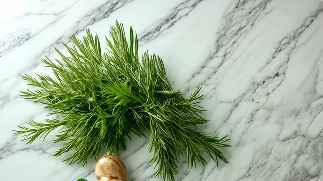 Fresh herbs and garlic arranged on marble surface with basil over time