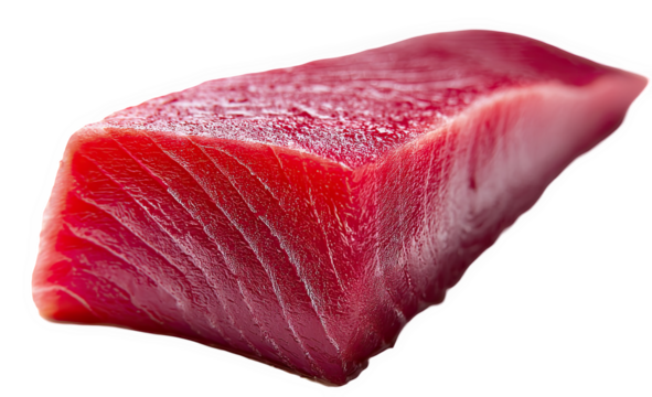 Closeup of a single slice of fresh red tuna sashimi raw sea fish food meal on transparent background