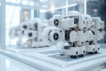 White 3D printed mechanical parts on table in bright workshop