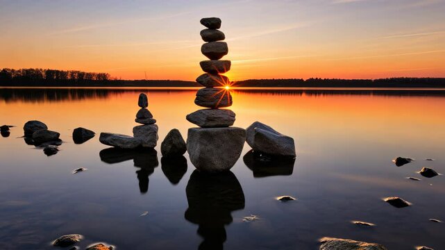 Stones rest in the lake, embraced by the gentle hues of sunrise in a captivating landscape. Ai Generated.