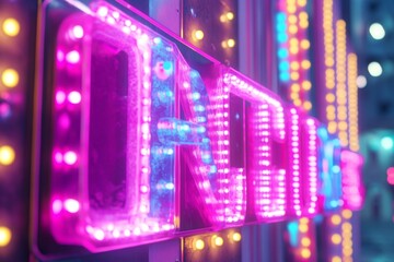 Close-up of bright neon light sign glowing at night entertainment area