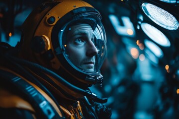Astronaut wearing helmet in space with blue glow reflections