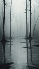 Obraz premium Fog-Shrouded Swamp with Bare Trees and Reflections