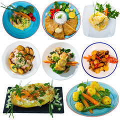 Collage of different tempting potato dishes isolated on white background..