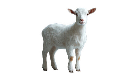 Fototapeta premium Adorable young white goat kid standing isolated on pet fur farm cute soft on transparent background