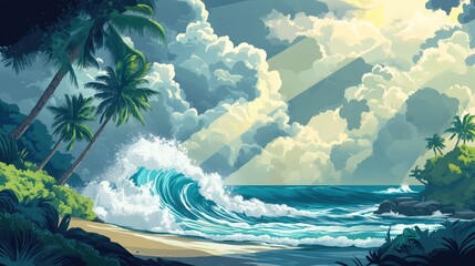 A wave is crashing on the shore of a beach