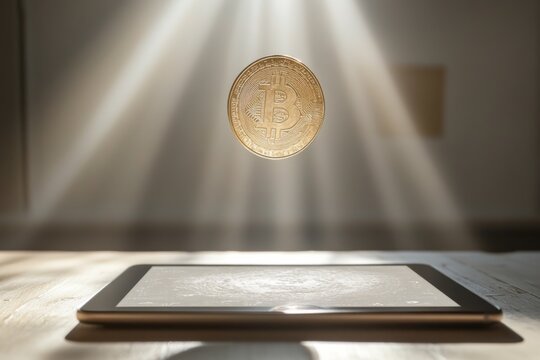 Digital tablet projecting glowing spherical hologram in dark environment