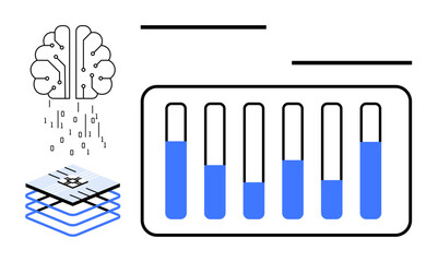 Brain merging with data streams, microchip, and test tubes with liquid levels. Ideal for technology, AI, innovation, analytics, research, biotech and a simple landing page
