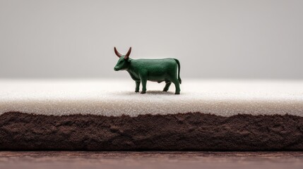 Obraz premium Miniature green bull figure placed on rural soil conceptualizing organic farming agribusiness sustainable development livestock symbolism and agriculture ecosystem economy practices