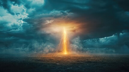 A large, orange, glowing lightning bolt is in the sky