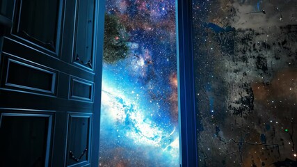Door to another universe amidst cosmic backdrop, Ai Generated