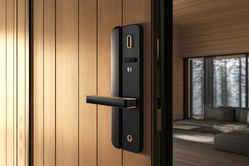Electronic door lock on modern wooden door with keyless entry system
