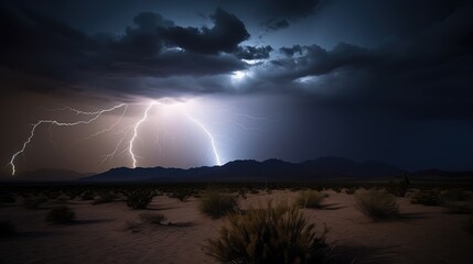 A stormy sky with lightning and a mountain in the background