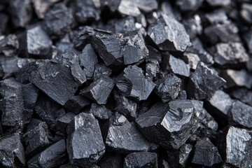 Closeup of black coal pieces with rough texture in industrial setting