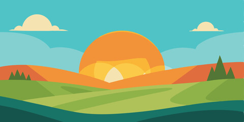 Cartoon Dawn Light Washing Over Flat Countryside Vector Illustration