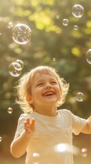 Joyful child playing with bubbles in sunlit garden