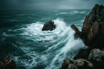 Fototapeta premium Wild teal ocean water crashes onto rocky coastline with high energy and stormy skies, showcasing nature's power during a tempest