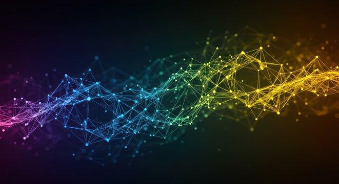 Abstract network of colorful interconnected dots and lines on a dark background.