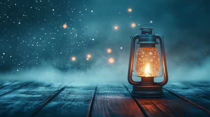 Enchanted Night Lantern on Wooden Table Mystical Glowing Light Fantasy Scene