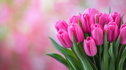 Fototapeta premium Beautiful Pink Tulips Bouquet on Soft Blurred Background in Spring