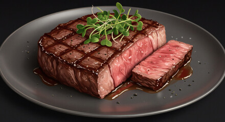 A perfectly grilled, medium-rare steak sits on a dark plate, ready to be enjoyed with fresh garnish.