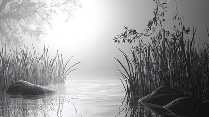 Monochromatic Digital Image of Aquatic Plants, Rocks, and Misty Water