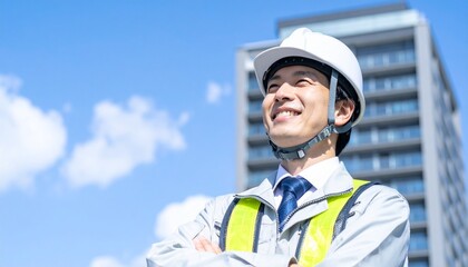 ビルの屋外で作業着姿の男性