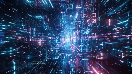 Obraz premium Abstract digital shape and particle technological cyber style design connecting become system shape of electronic designing. High tech scenery express mysterious pattern perfect for wallpaper. AIG53.