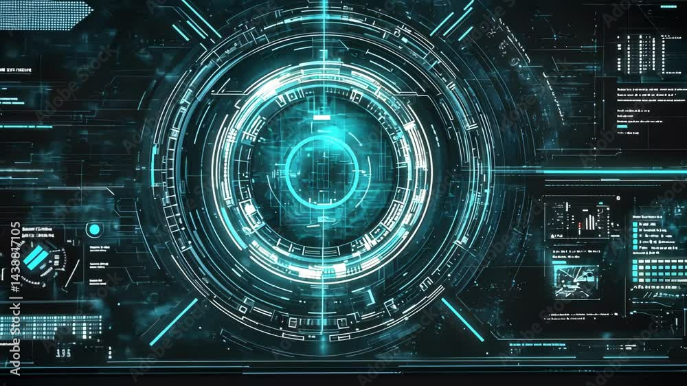 Poster futuristic interface with interactive digital holograms and dynamic data visualization