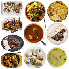 Many dishes of Georgian cuisine isolated over white background.