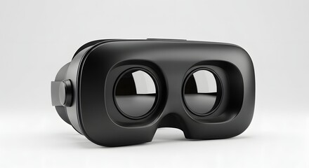 High-resolution image of a modern black VR headset with reflective lenses, placed on a white background