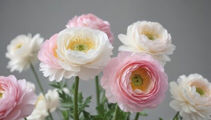 Obraz premium Delicate pink & white ranunculus blossoms, close-up view , flower petals, spring, flower arrangement