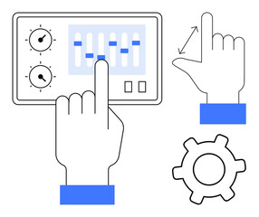 Hand operating sliders on touchscreen panel, directional gesture, and gear icon representing settings, adjustment, or customization. Ideal for apps, interface control, technology, innovation