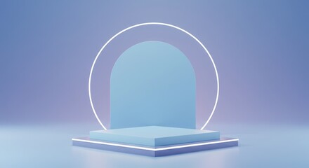 Light blue podium with arch and neon ring on gradient background.