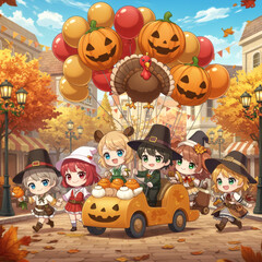 Fototapeta premium Adorable chibi children in costumes joyfully celebrate a festive Thanksgiving parade with balloons.