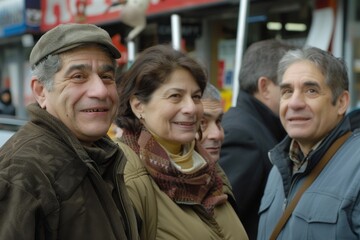 Mature couple with their family at the bus stop in Paris.
