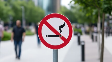 No Smoking Sign on Public Walkway with People in Background Strolling