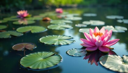 Water lilies bloom across a serene lake, creating a floral pattern , detail, leaves