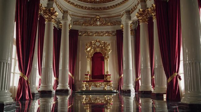 Opulent golden throne room radiating regal splendor through gleaming marble floors, elegant white columns, dramatic red curtains creating majestic royal atmosphere