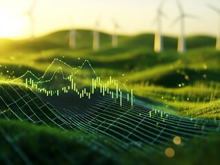 Stock Market Graph Over Green Field with Wind Turbines