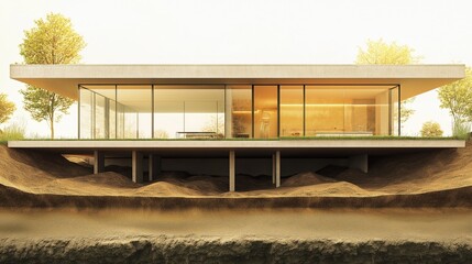 Fototapeta premium minimalist concrete house with a large glass facade, set on a landscaped foundation of differing soil layers, showing the ground beneath