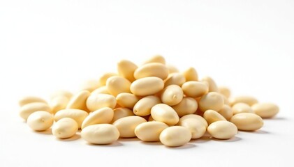 Pile of white beans against pure white backdrop, nutrition, studio shot