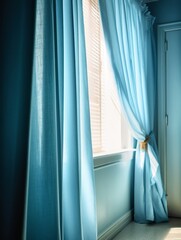 A window with blue curtains and a beautifully falling tulle. Cosy and calm interior