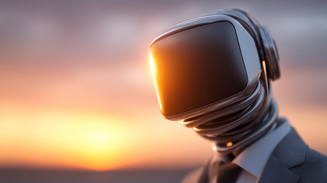 Person mit VR-Headset vor Sonnenuntergang im Anzug